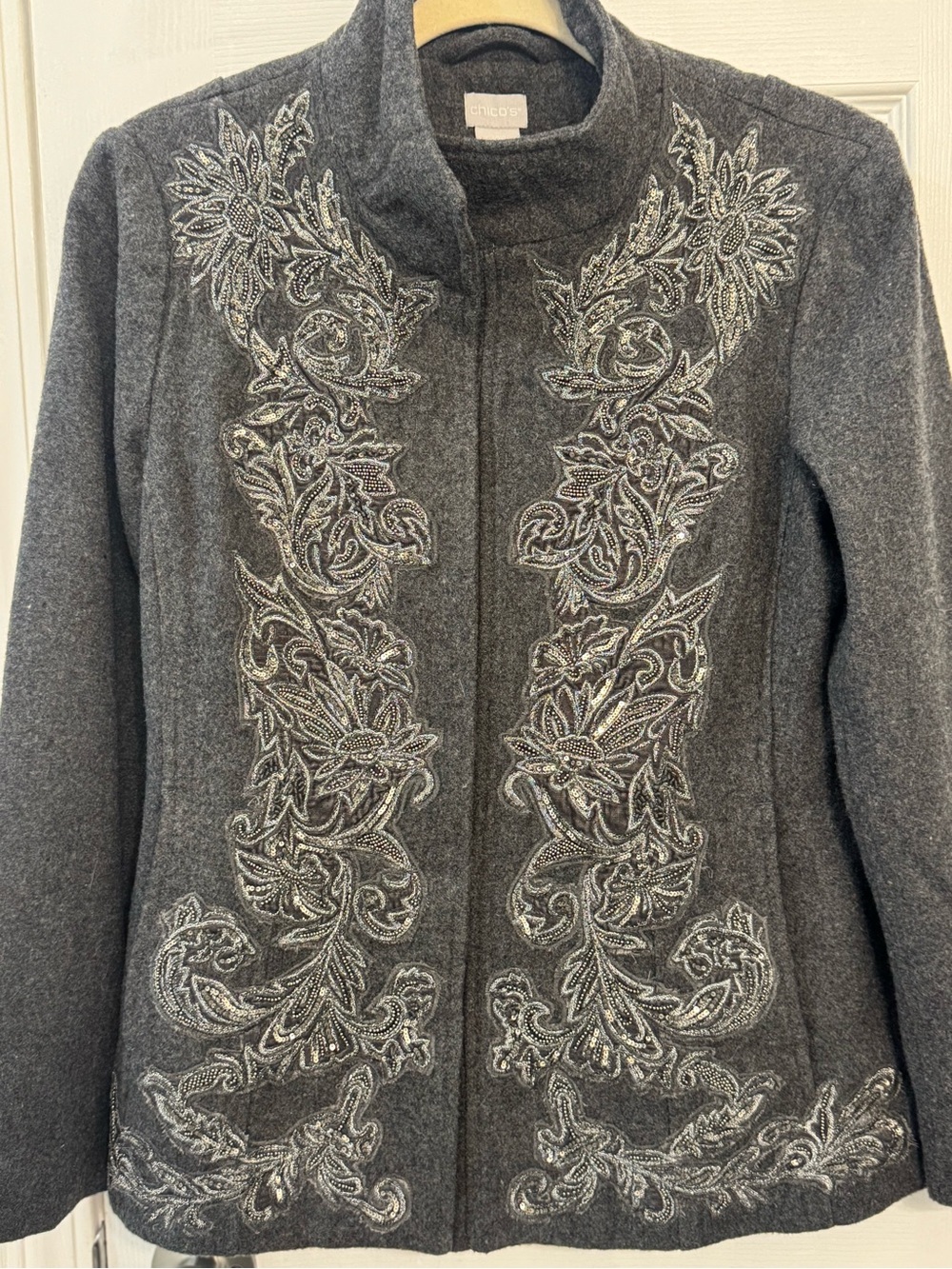 Chico's Gray Embroidered Stand-Collar Jacket